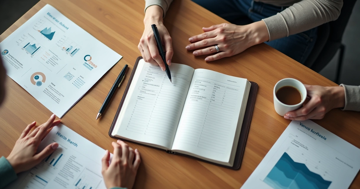 Caderno com anotações de feedback em mesa de reunião 