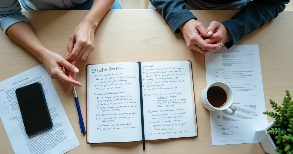 Caderno com anotações de feedback ao lado de duas xícaras