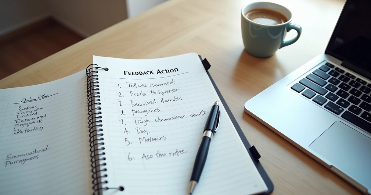 Caderno com plano de ação de feedback sobre mesa 