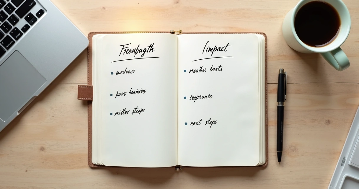 Caderno com anotações de feedback em mesa