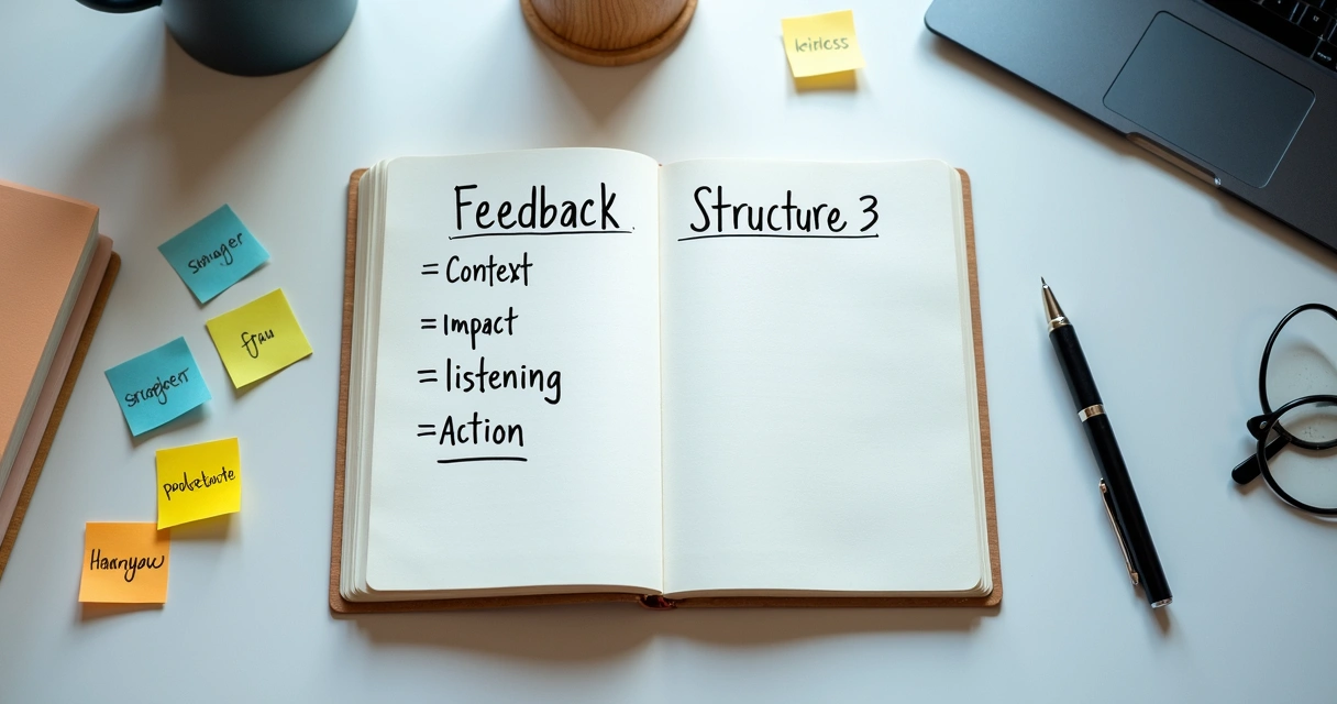 Caderno com estrutura de feedback e caneta sobre a mesa