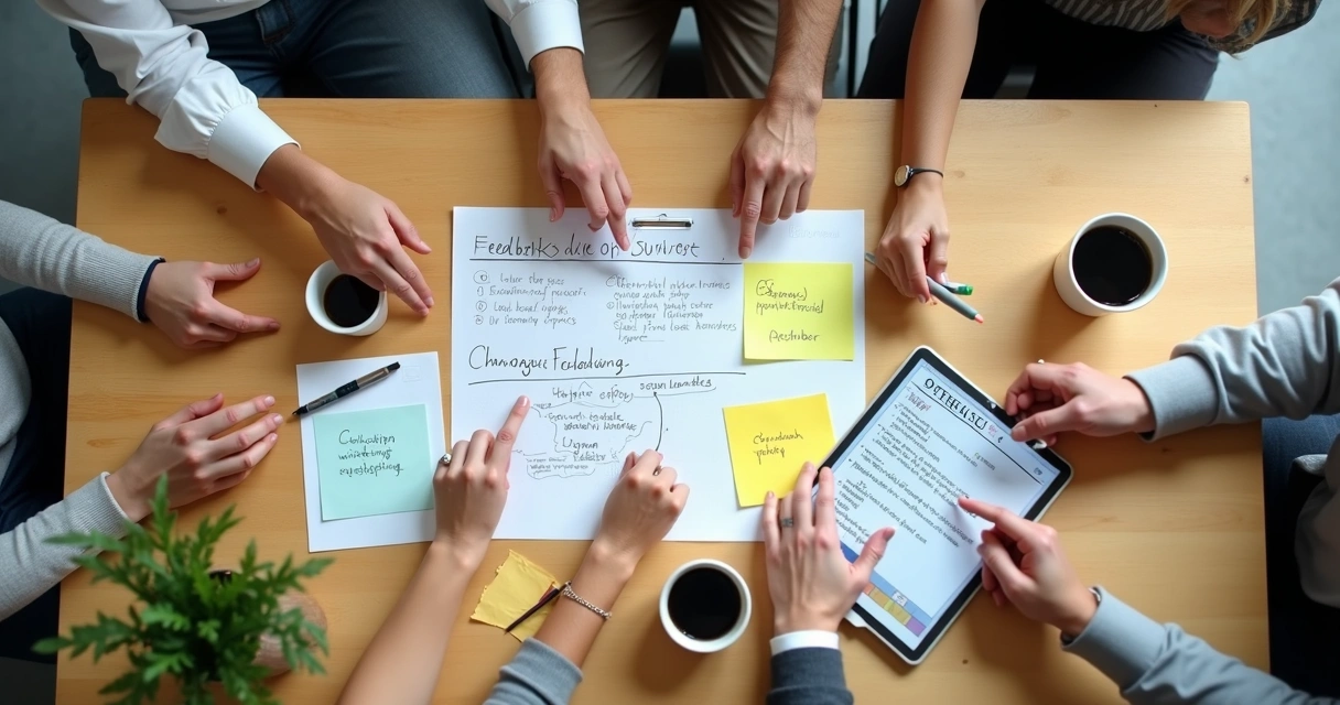 Anotações de feedback em mesa de reunião