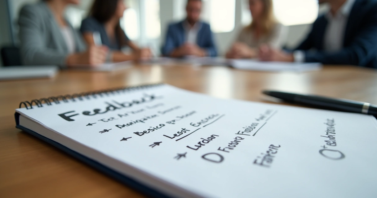Caderno com anotações de feedback em reunião 