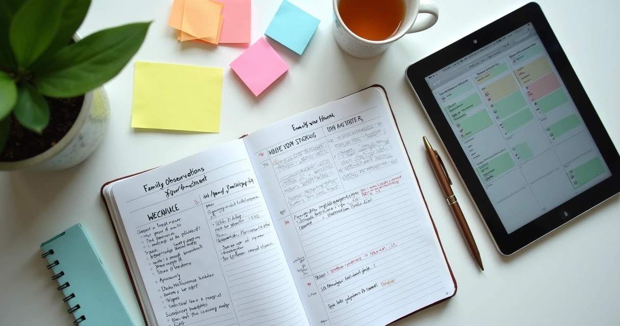 Caderno com registros familiares e gráfico de acompanhamento 