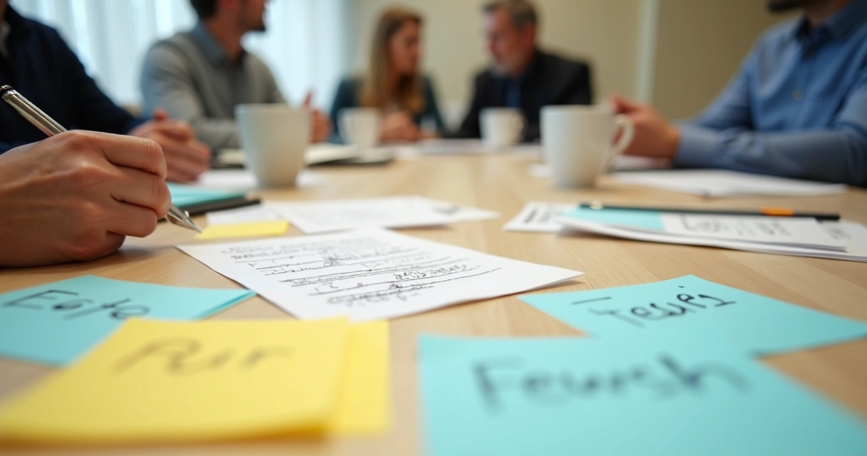 Mesa com anotações de feedback e conversa em grupo ao fundo 