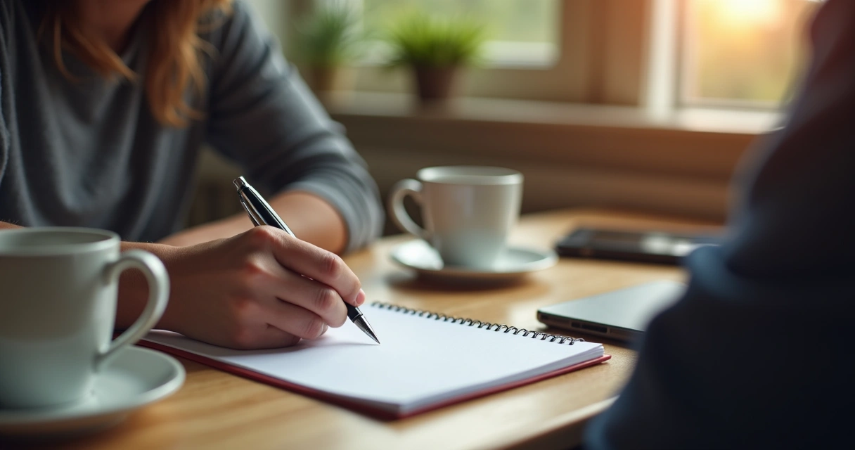 Pessoa escrevendo observações em bloco de notas durante conversa de feedback