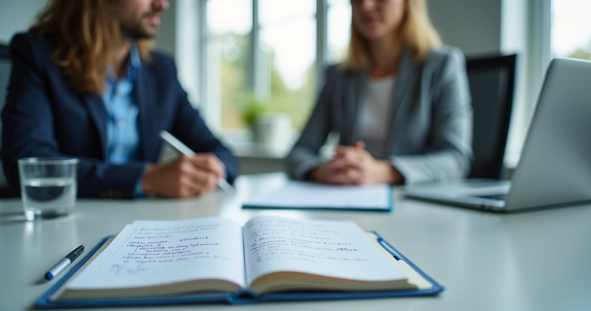 Caderno com anotações de feedback em reunião 