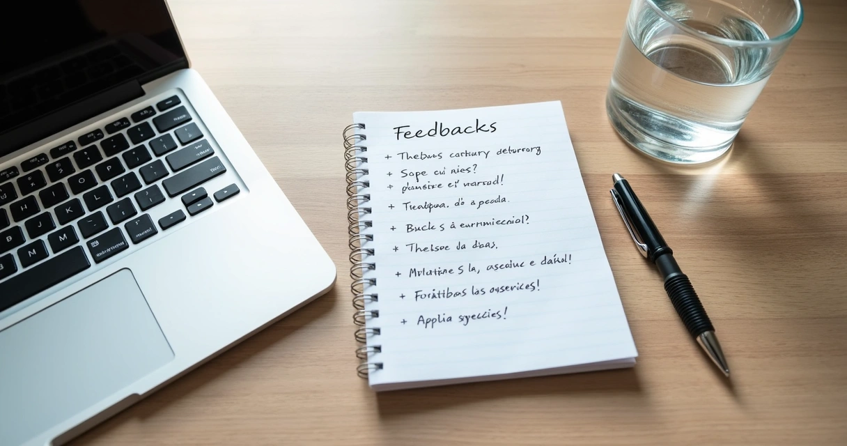 Bloco de notas com tópicos de feedback ao lado de laptop em mesa de escritório