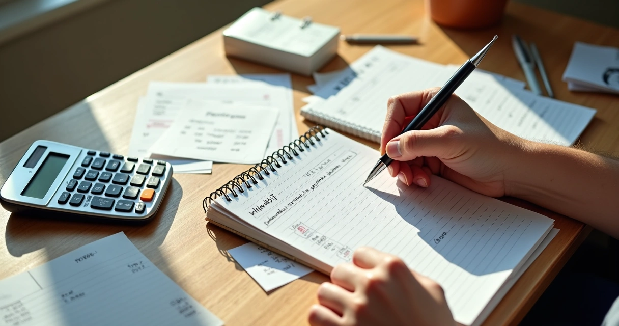 Anotações financeiras feitas em caderno de contabilidade com calculadora 