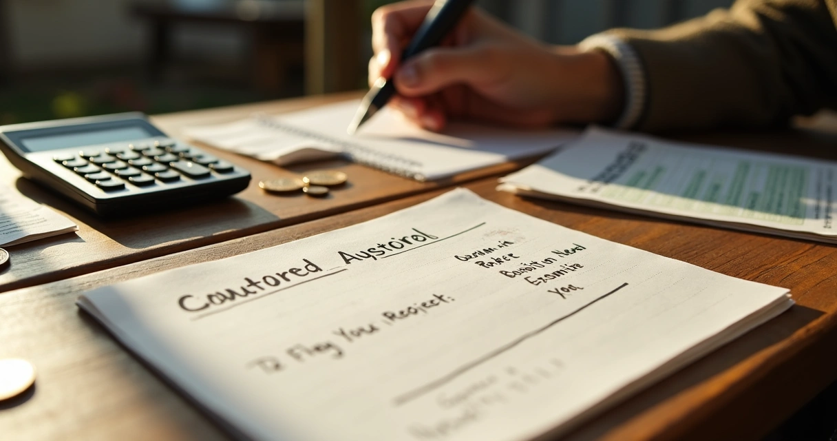 Papel com anotações de finanças rurais e calculadora sobre mesa de madeira 