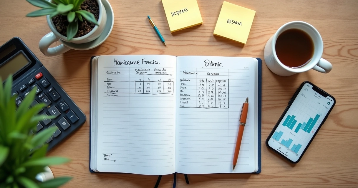 Caderno com anotações financeiras e celular sobre a mesa