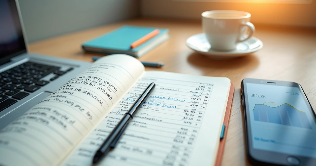Caderno com orçamento, calculadora e xícara sobre mesa clara
