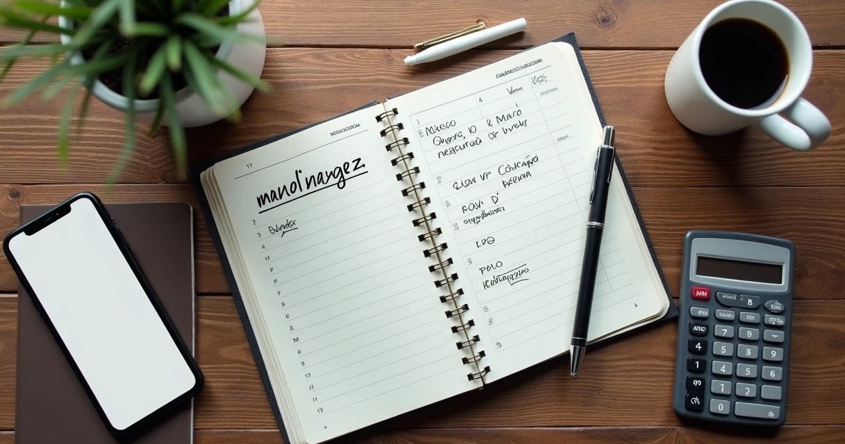Caderno financeiro com calculadora e café sobre a mesa