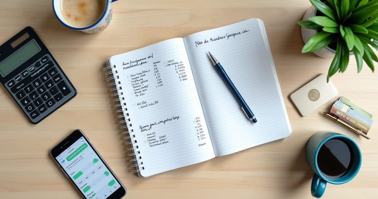 Caderno financeiro, calculadora e xícara sobre mesa clara