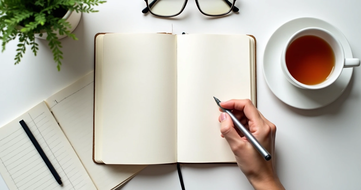 Caderno com metas e pessoa escrevendo em mesa clara