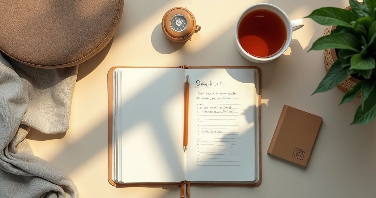 Caderno com lista curta ao lado de timer e xícara