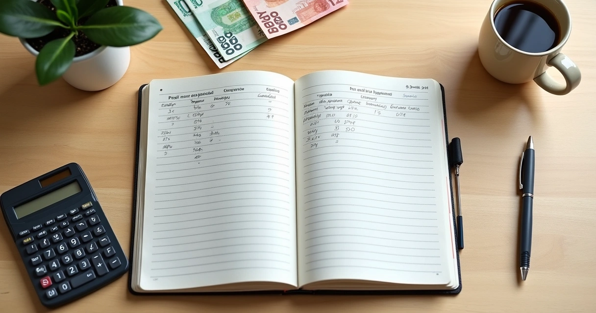 Caderno com gastos mensais, calculadora e xícara sobre mesa clara