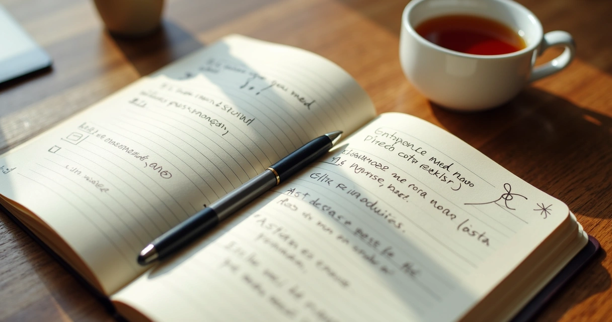 Caderno com anotações emocionais e xícara ao lado 