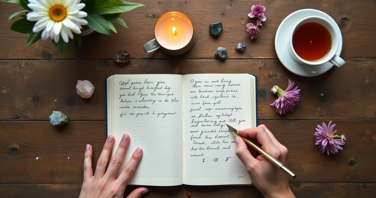 Caderno com lista de gratidão, vela e cristais em mesa de madeira