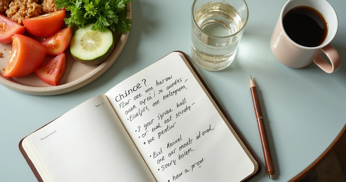 Caderno com registro de fome e emoções ao lado de refeição