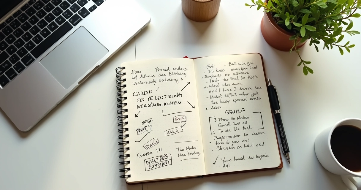 Caderno com anotações de carreira ao lado de computador