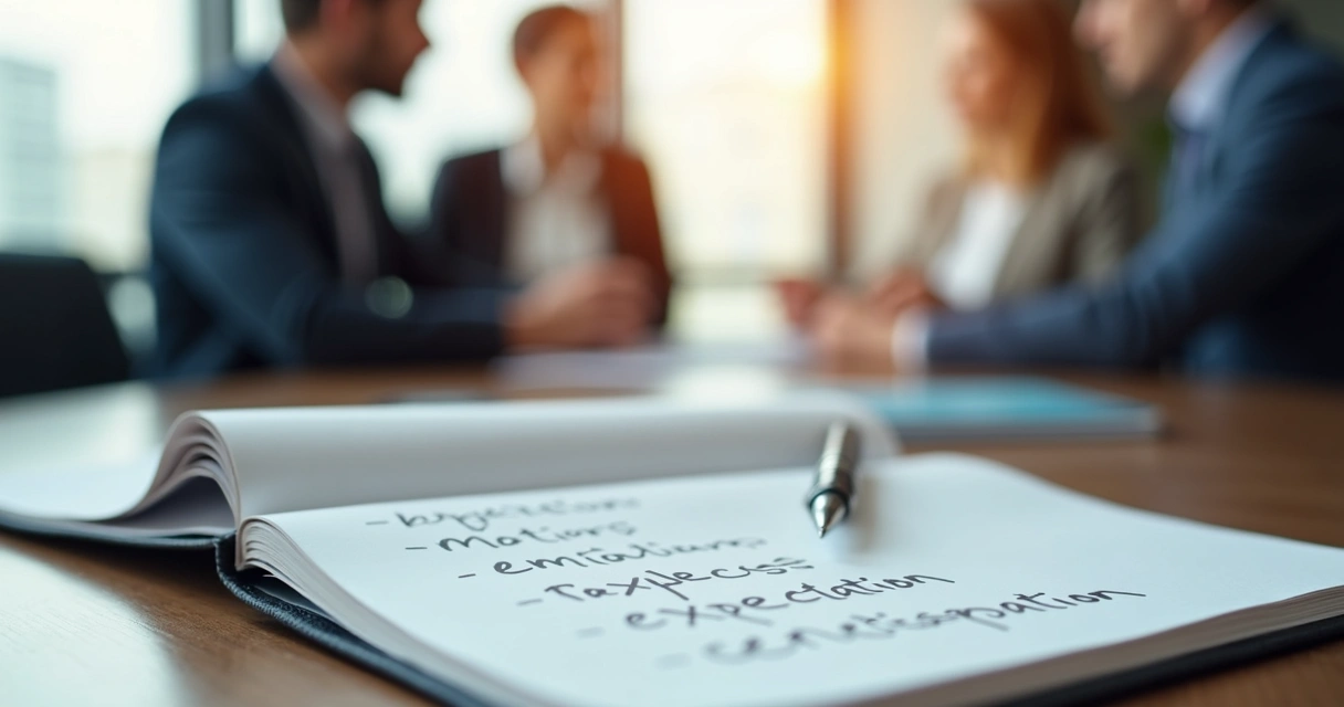 Caderno com anotações sobre emoções em reunião de trabalho 