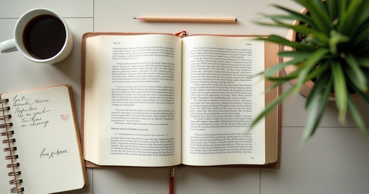 Caderno com anotações ao lado de livro aberto