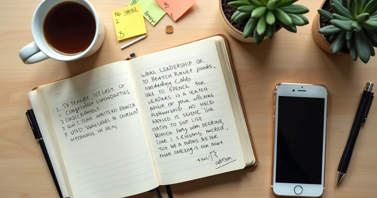 Caderno com anotações de liderança e reflexão 