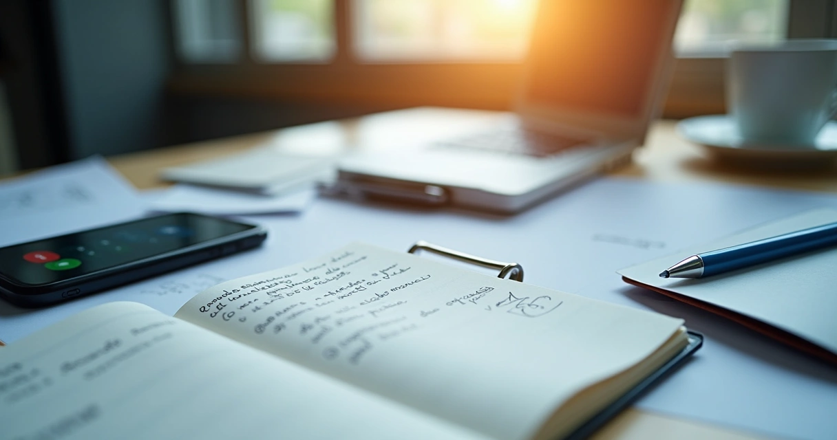 Caderno com anotações de vendas ao lado de celular e notebook em mesa de trabalho