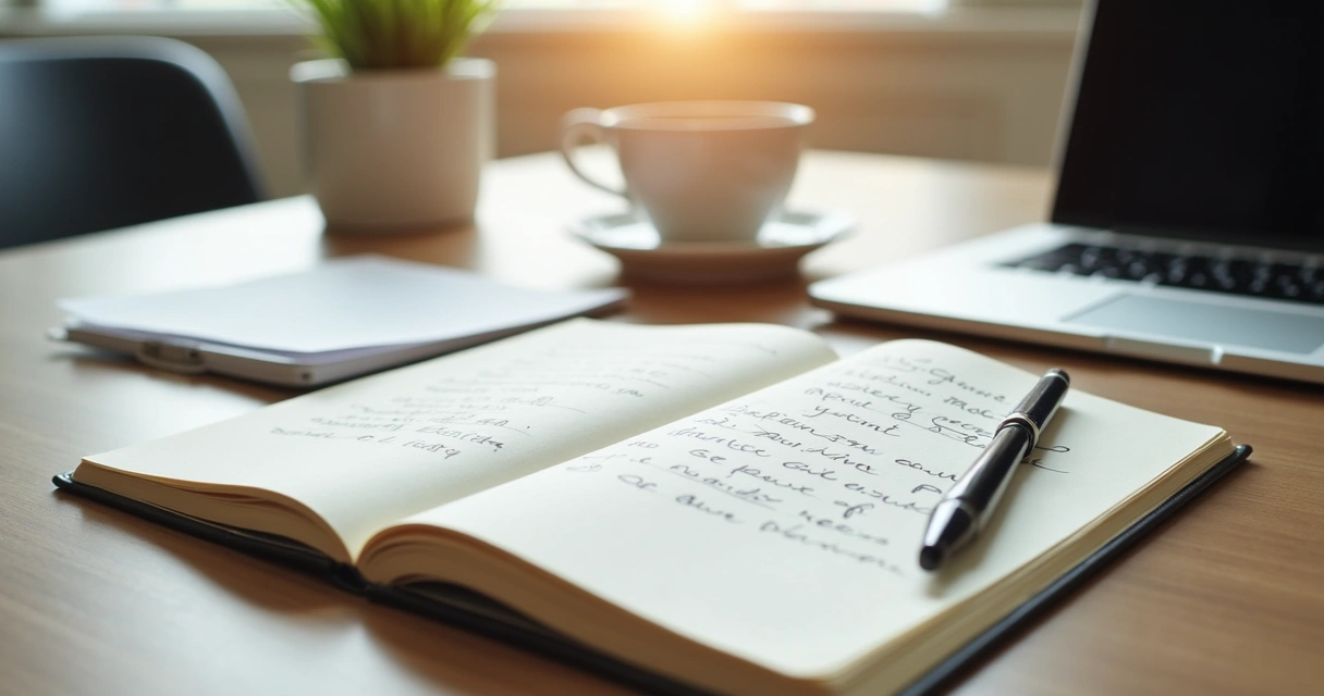 Caderno com anotações de limites ao lado de laptop e café 