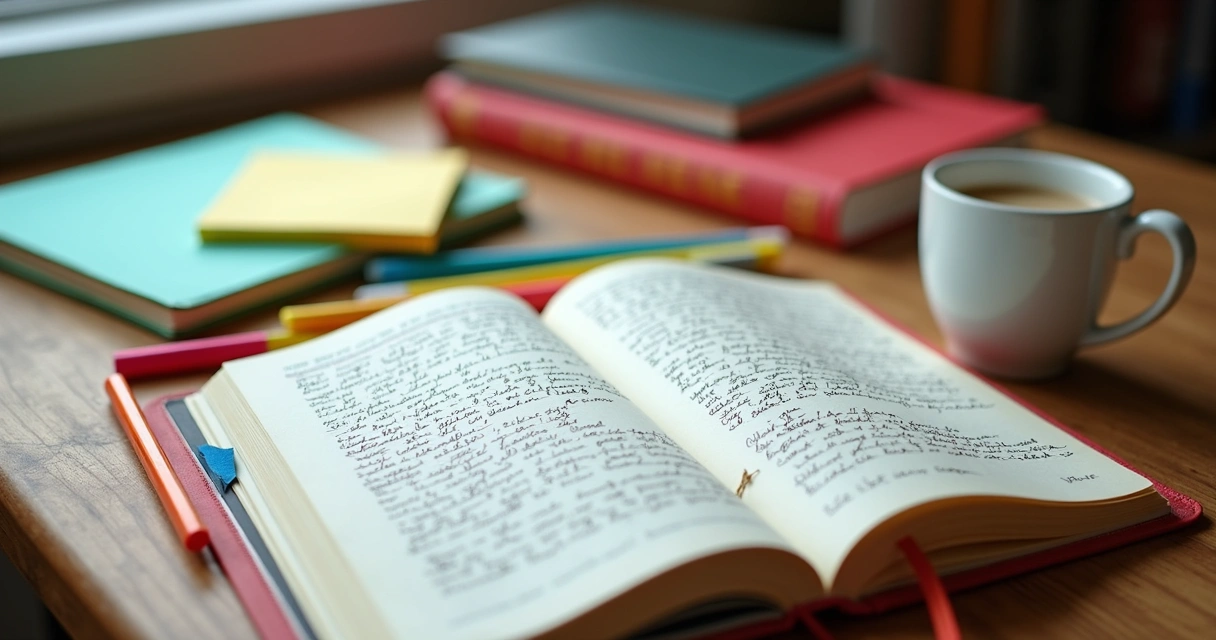 Caderno aberto com anotações em inglês e materiais de estudo 