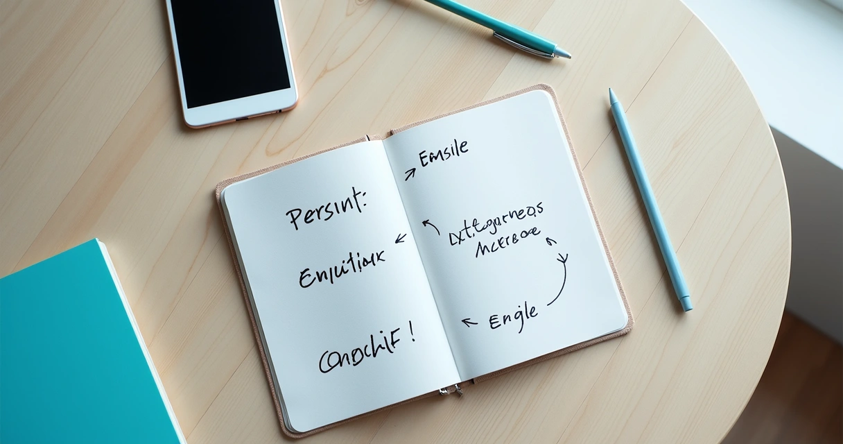Caderno com anotações sobre emoções e celular ao lado
