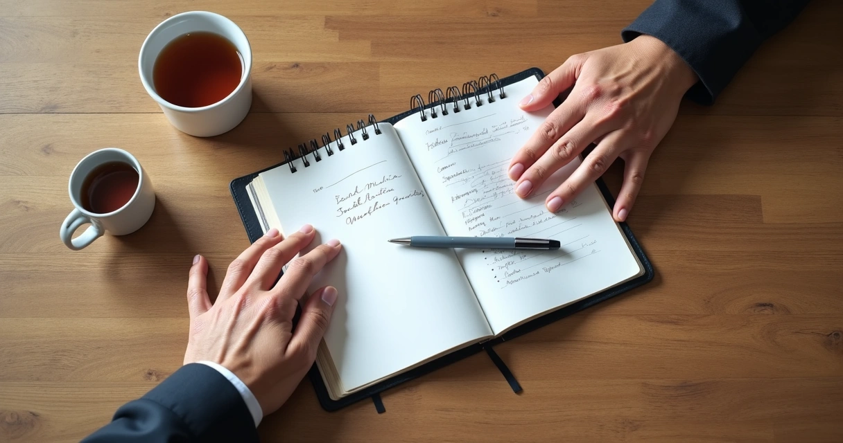 Caderno com anotações de mediação e duas mãos sobre a mesa 