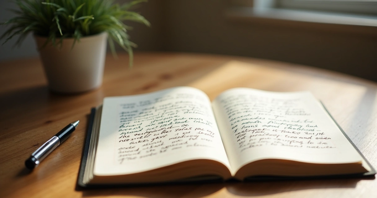 Caderno aberto com anotações de práticas meditativas e caneta ao lado 