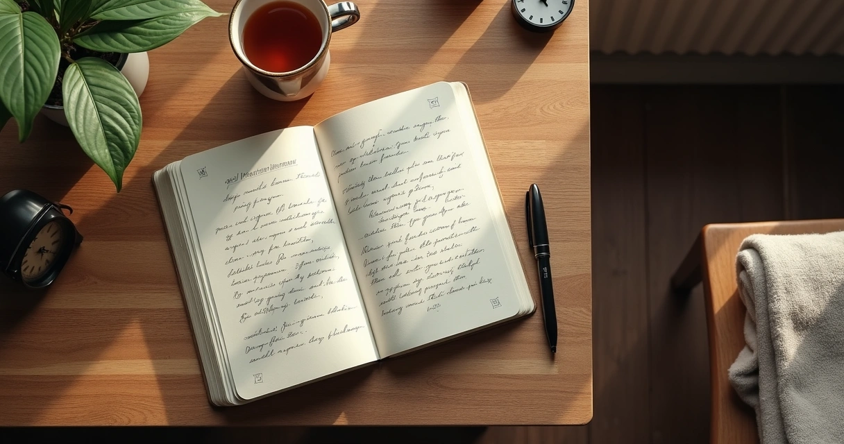 Caderno com anotações e chá sobre mesa organizada