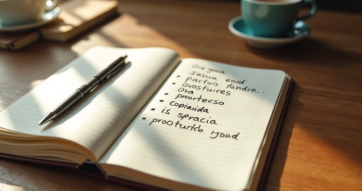 Caderno com metas e anotações emocionais ao lado de café