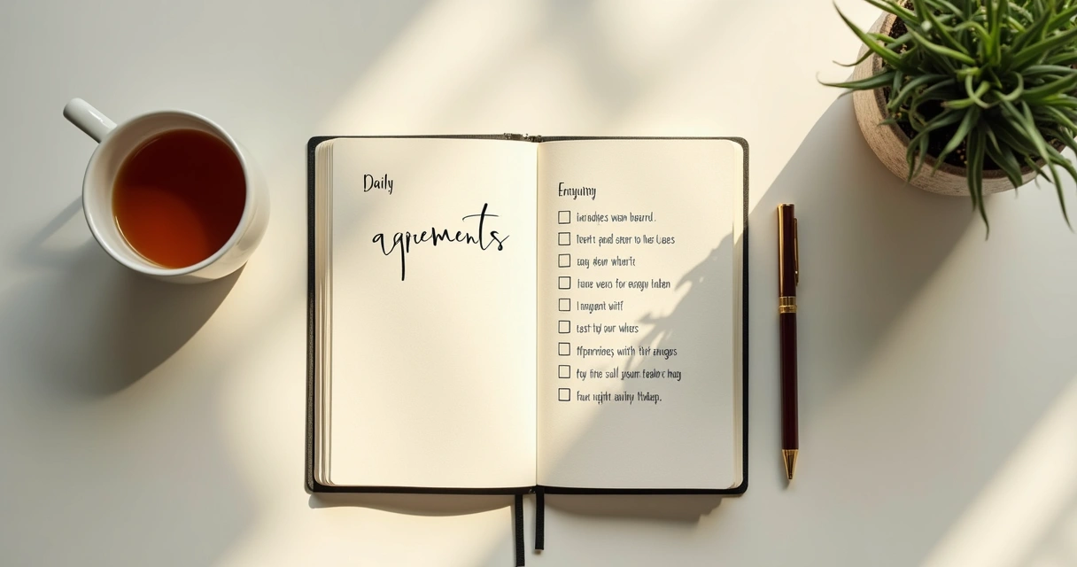 Caderno com lista de combinados e caneca ao lado