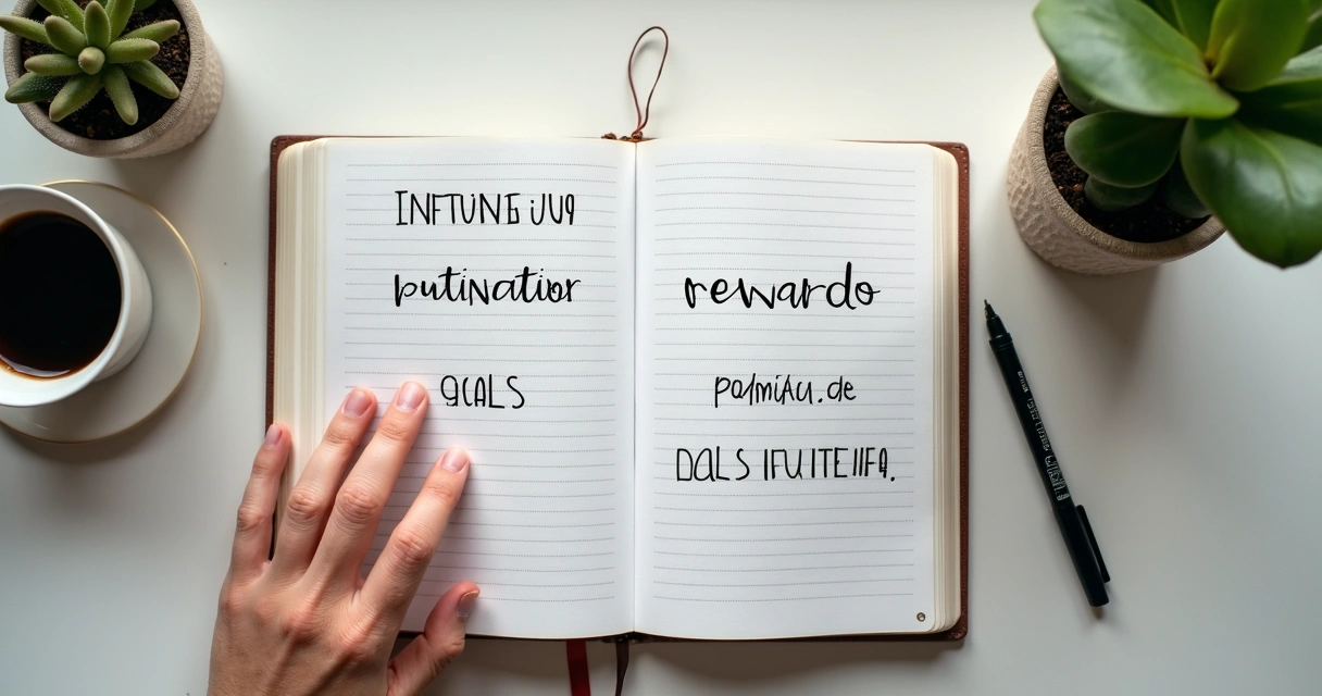 Caderno com anotações sobre metas e motivação em mesa de trabalho 