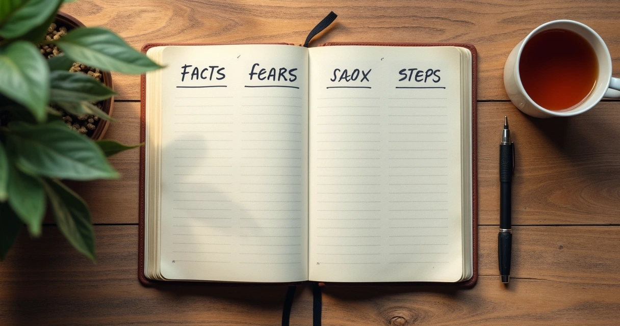 Caderno aberto com lista de fatos e próximos passos 