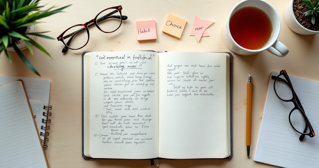 Caderno com anotações sobre mudança interna e reflexão pessoal 