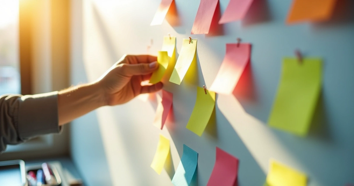 Quadro branco de escritório com post-its coloridos e canetas 