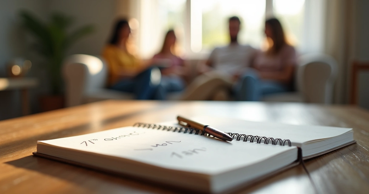 Caderno com anotações ao lado de reunião familiar