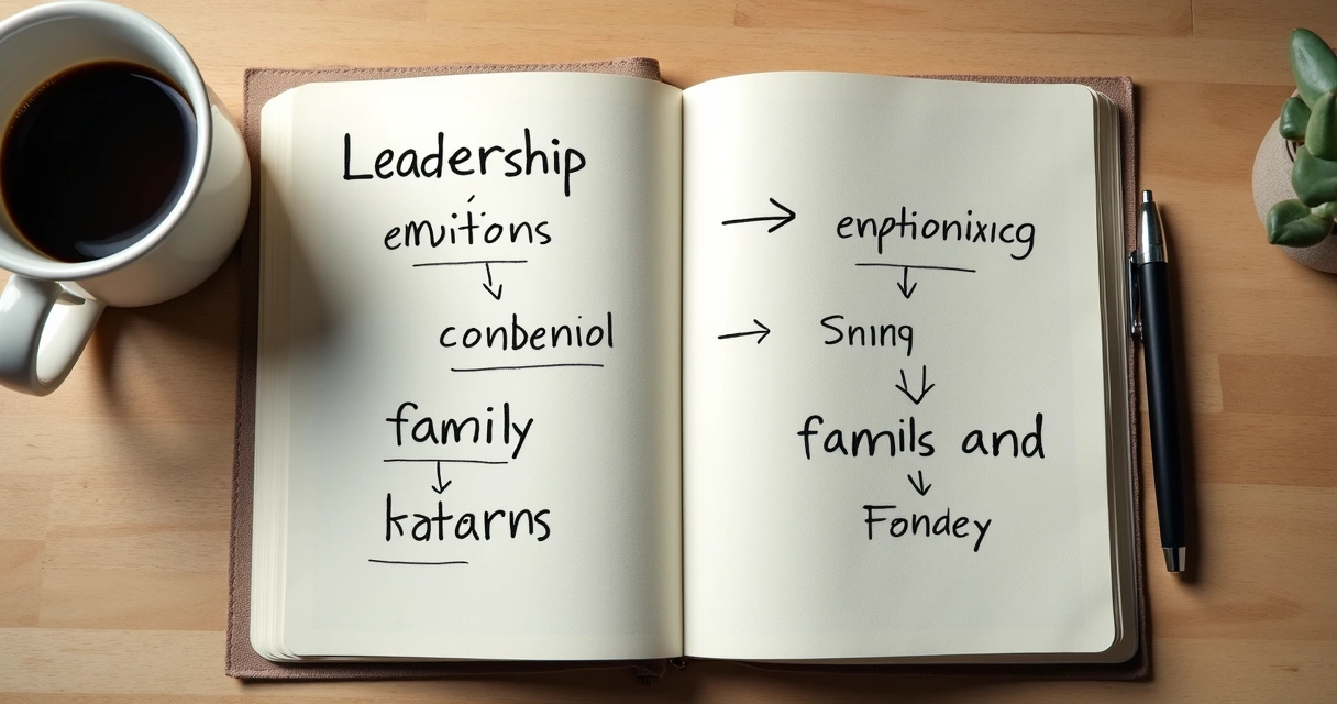 Caderno com anotações sobre liderança e padrões emocionais 