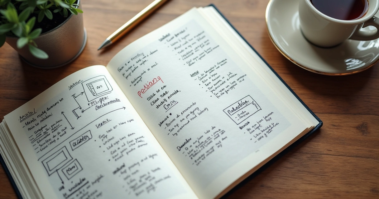 Caderno com anotações, fluxos e perguntas sobre tomada de decisão 