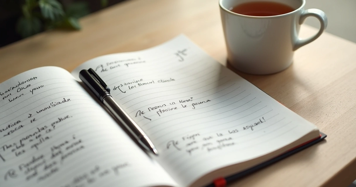 Caderno aberto com registro de pensamentos e emoções 