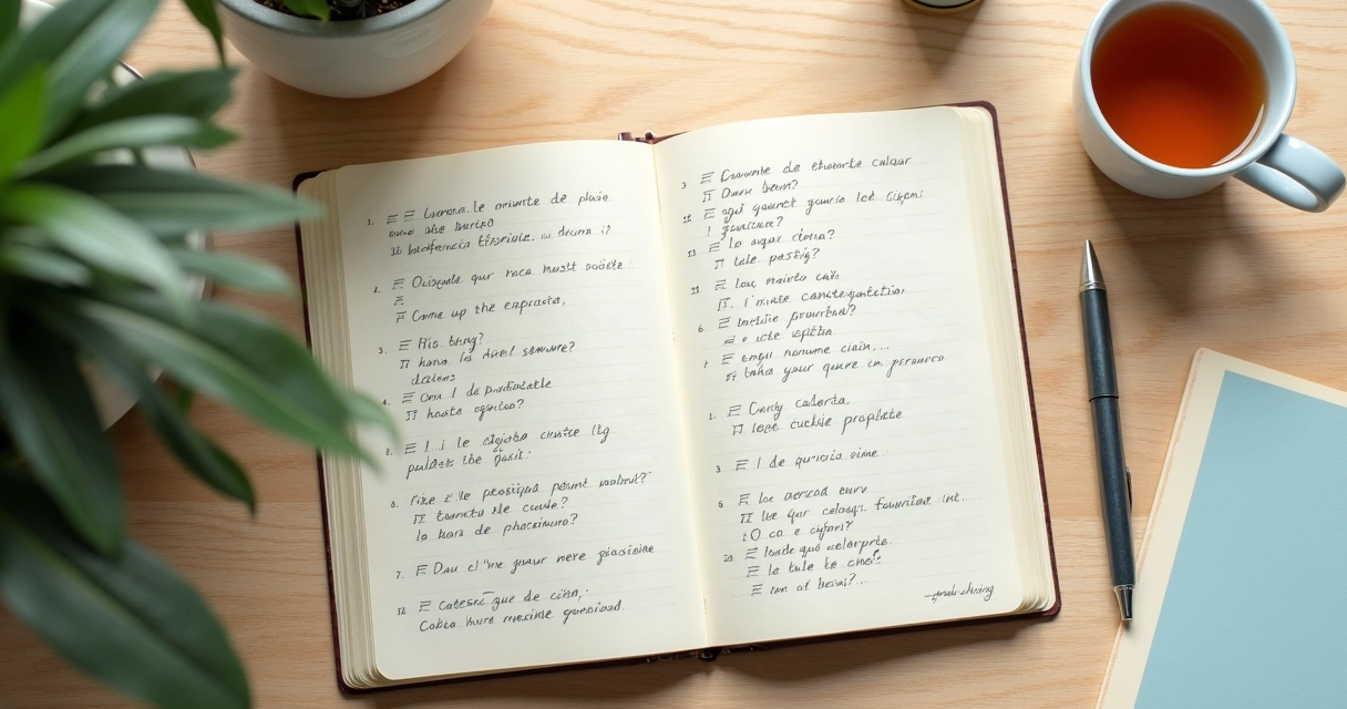 Caderno com anotações de pensamentos e xícara sobre mesa clara