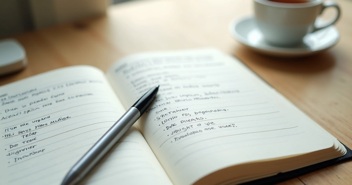 Caderno com anotações de pensamentos e emoções em mesa clara 
