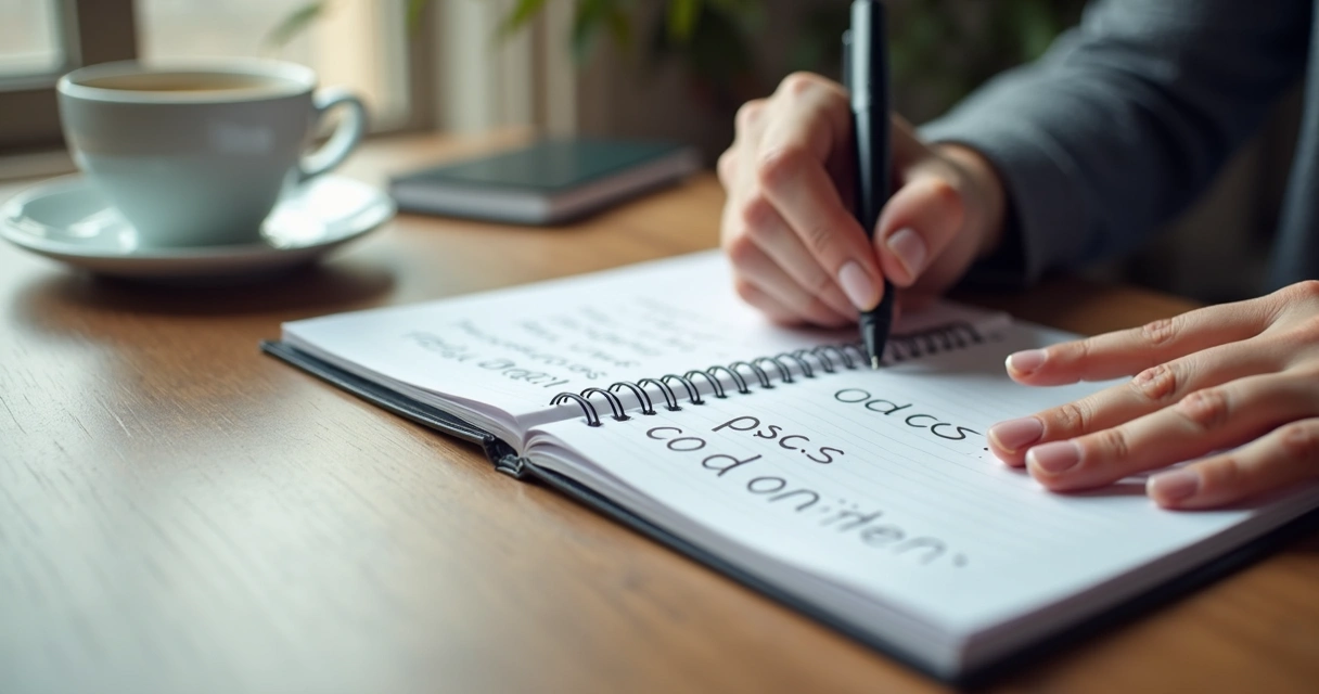 Caderno com lista de tarefas e mãos tensas sobre a mesa 