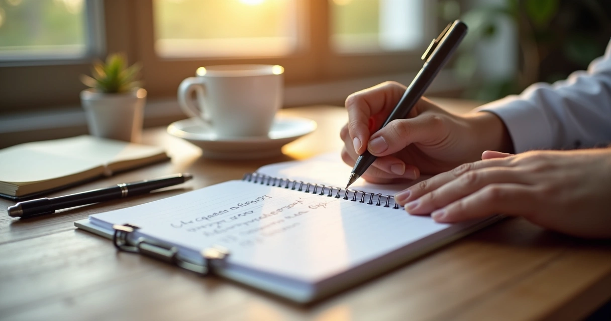 Mão anotando perguntas em um caderno sobre uma mesa. 