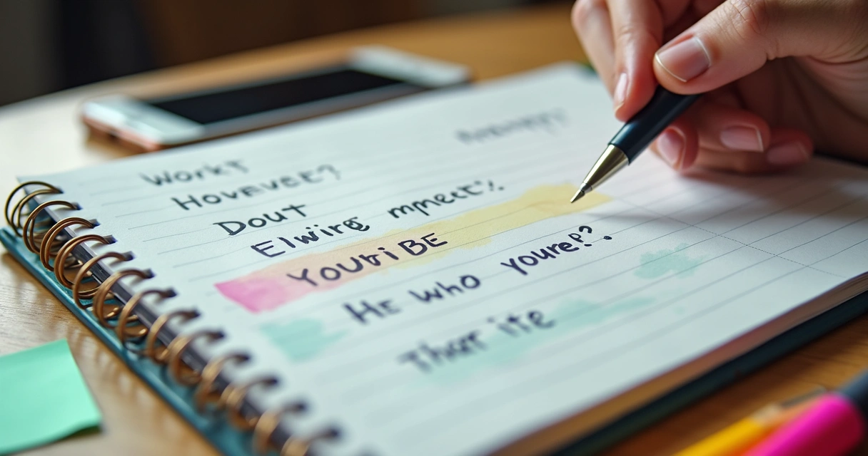 Caderno com perguntas anotadas, marca-textos e sinalizações de dúvidas